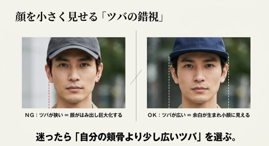 キャップのツバの広さによる小顔効果と顔の大きさの比較画像
