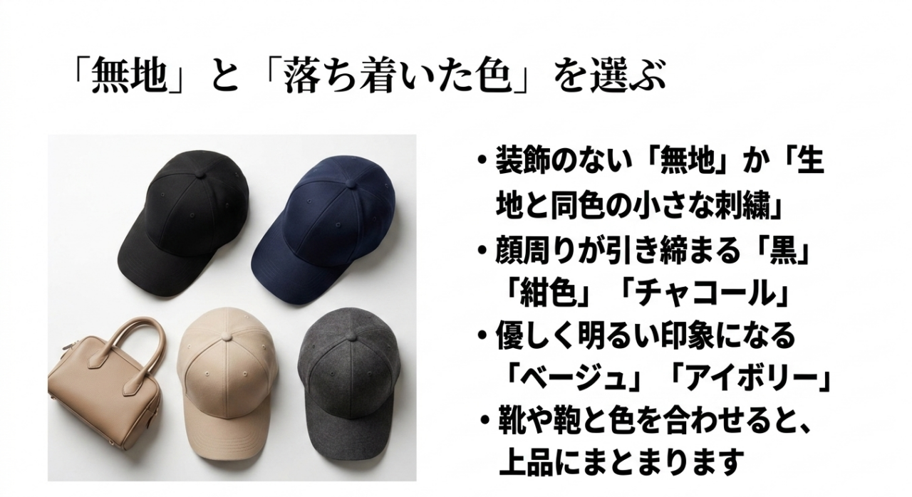 黒、紺、チャコール、ベージュの無地キャップとベージュのバッグ。顔周りが引き締まる濃色や、明るい印象になるアイボリーなど、靴や鞄と色を合わせて上品にまとめるカラー選びのコツ。