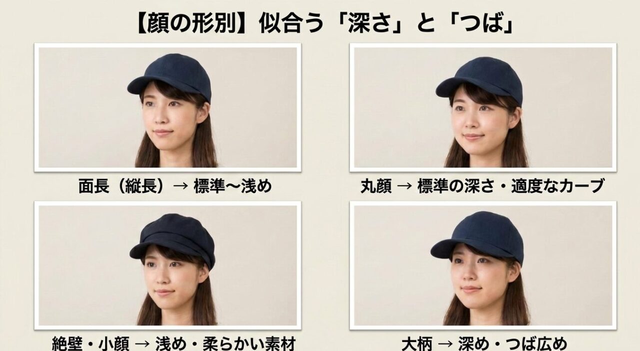面長は高さを抑えた浅め、丸顔は横幅を強調しない標準、小顔や絶壁は柔らかい素材の浅め、大柄な人はつばが広めの深めなど、骨格に合わせたキャップの深さの選び方。