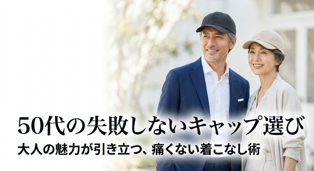 ベージュのキャップを持つ50代女性。キャップが若作りに見えないよう、派手な装飾を避けて極力シンプルな無地デザインを選ぶ大人の着こなしの秘訣。