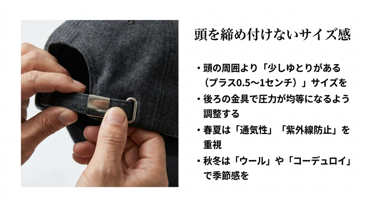 キャップの後ろの金具（アジャスター）を調整している手。頭の周囲よりプラス0.5から1センチゆとりを持たせ、圧力が均等になるようサイズ調整するポイントの解説。
