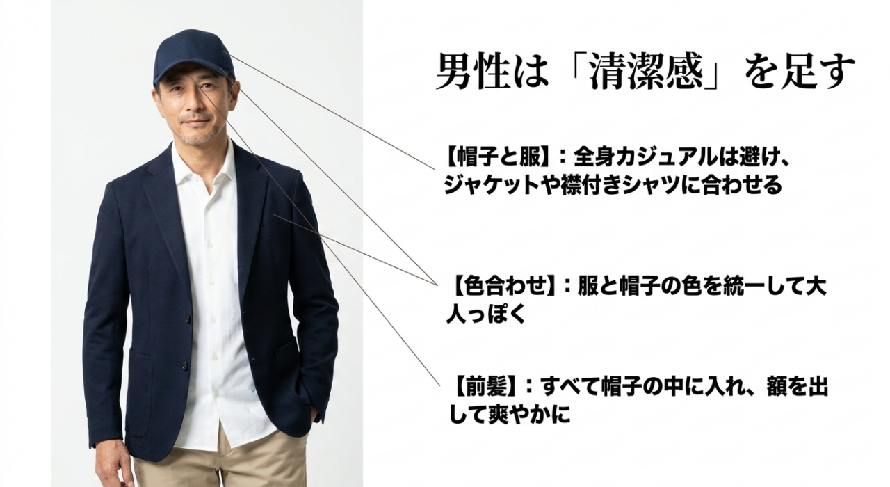 50代男性のキャップコーデのポイント。全身カジュアルを避けてジャケットや襟付きシャツに合わせ、服と帽子の色を統一し、前髪をすべて入れて額を出し爽やかに見せるコツ。