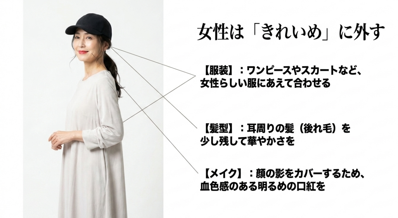 50代女性のキャップコーデのポイント。ワンピースやスカートなどきれいめの服に合わせ、耳周りの後れ毛を残して華やかさを出し、明るめの口紅で顔の影をカバーするコツ。
