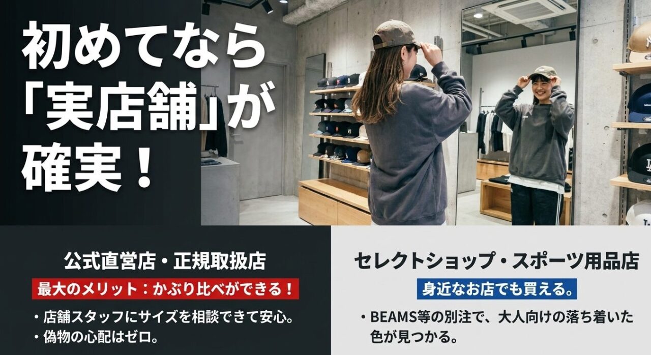 初めてニューエラを買うなら、かぶり比べができる公式直営店・正規取扱店や、身近なセレクトショップなどの実店舗が確実