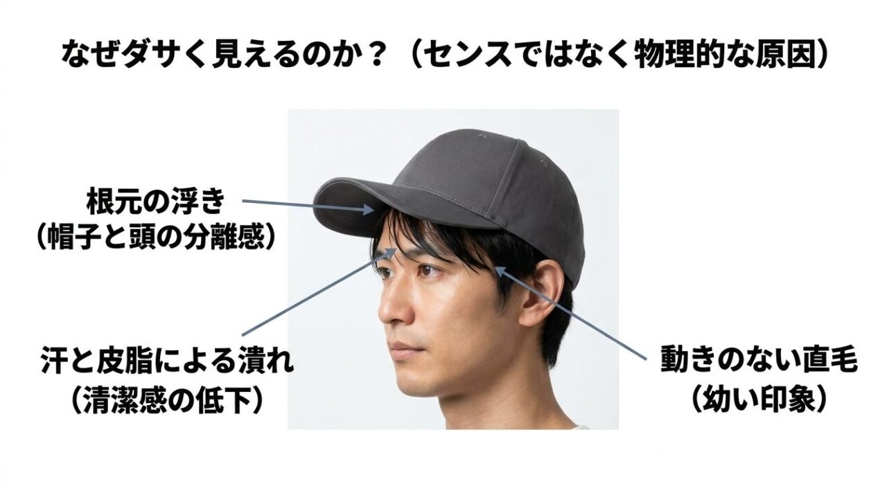 キャップの前髪が浮いてダサく見えてしまう原因とカッパの皿状態の解説