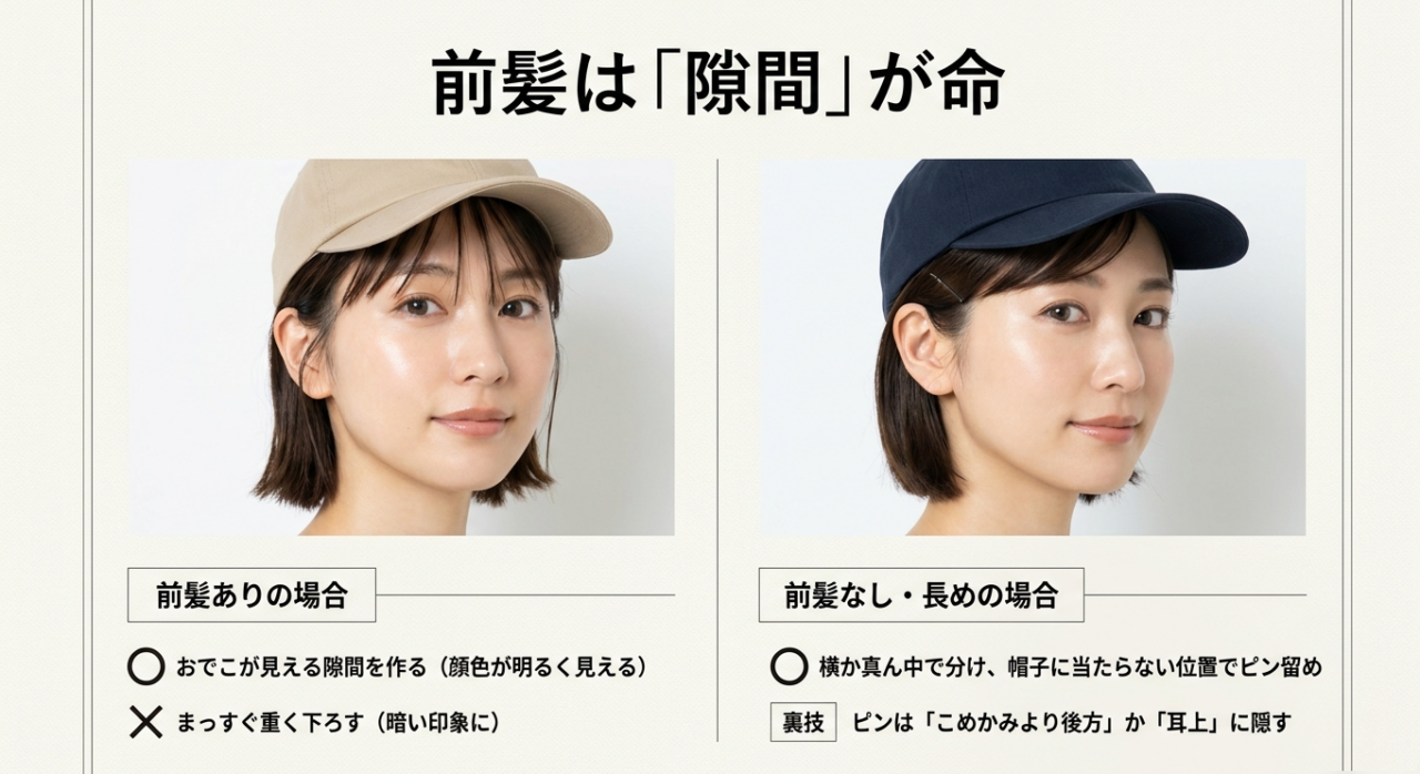 前髪は「隙間」が命。おでこの肌色を見せることで、ツバの影を明るく中和します。前髪なしの場合はピンを使って帽子の中に隠して固定します。