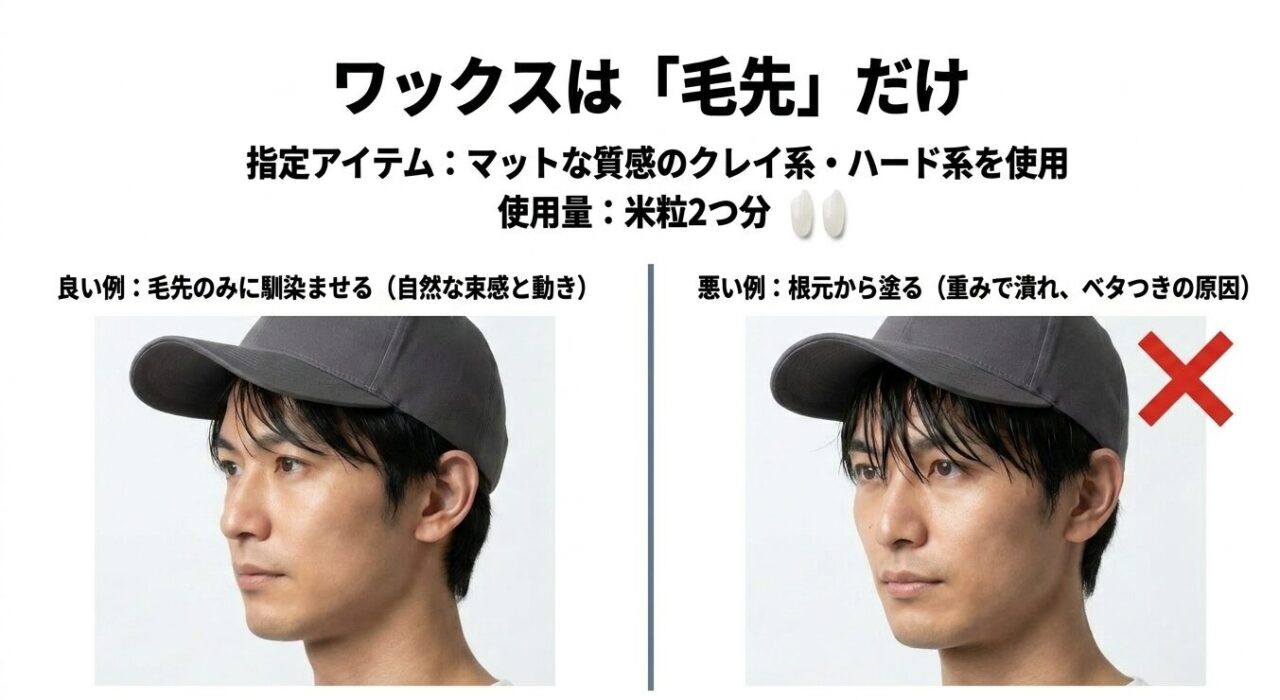 ワックスの具体的な使い方を解説するセクションの冒頭に配置することで、「どこにワックスをつければいいのか」が視覚的にすぐ伝わり、直後の文章が頭に入りやすくなります。