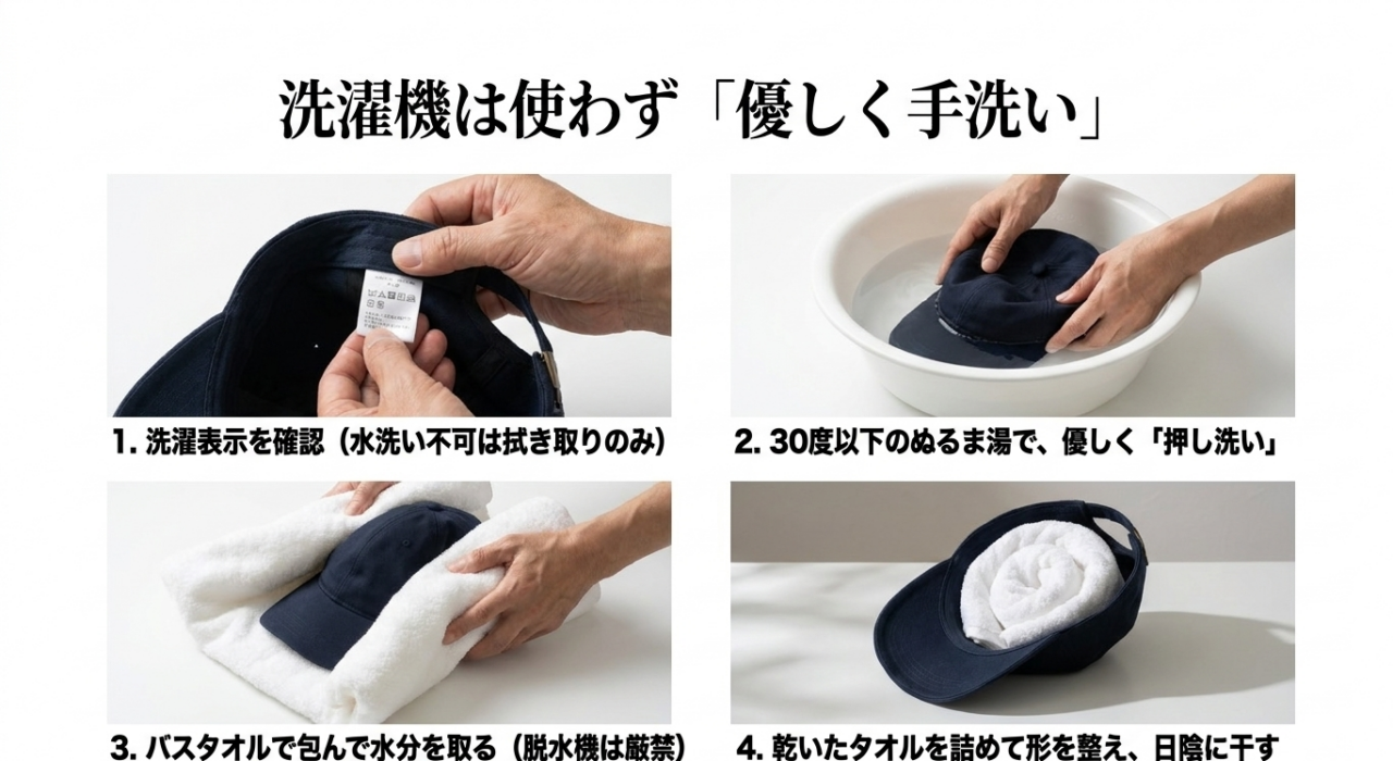 キャップの手洗い手順を示す4枚の写真。洗濯表示の確認、30度以下のぬるま湯での押し洗い、バスタオルで包んでの水分取り、タオルを詰めて形を整えた陰干しまでの正しいステップ。