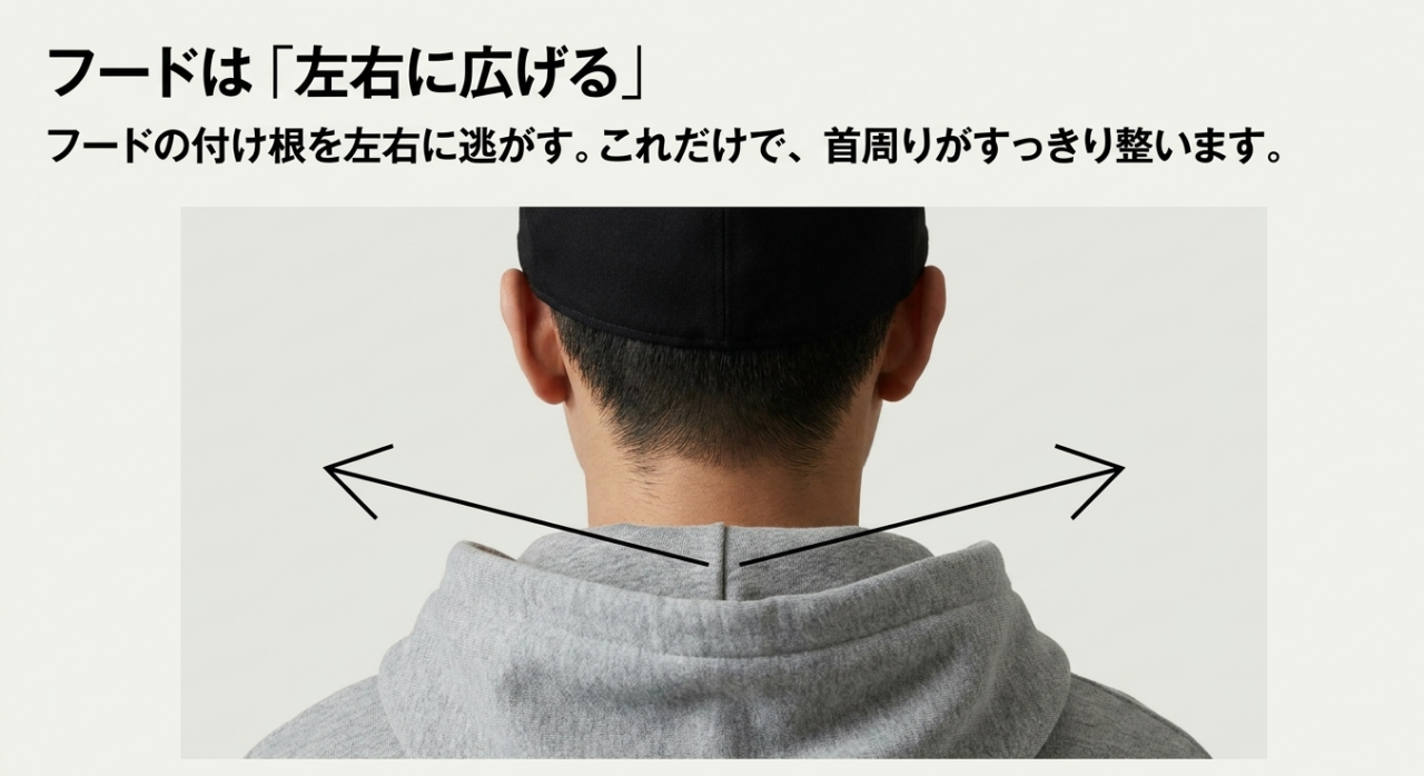 キャップ着用時にパーカーのフードを左右へ広げて首周りを整える方法