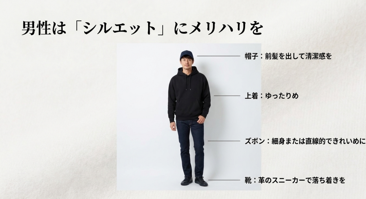 黒キャップと黒パーカーを使ったメンズの大人カジュアルコーデ