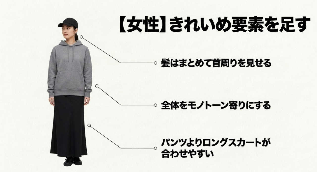 黒キャップとグレーパーカーにロングスカートを合わせた大人の女性コーデ