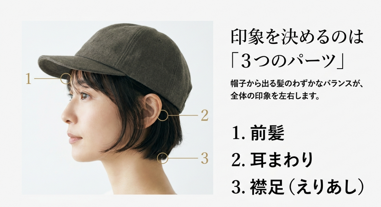 キャップの印象を決めるのは「前髪」「耳まわり」「襟足」の3つのパーツ。帽子から出る髪のわずかなバランスが全体の印象を左右します