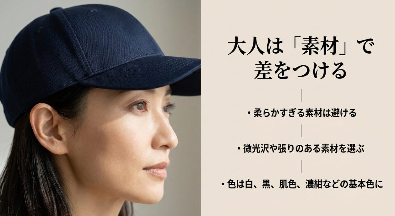 30代40代の大人顔に似合う微光沢や張りのあるキャップ素材と基本カラー