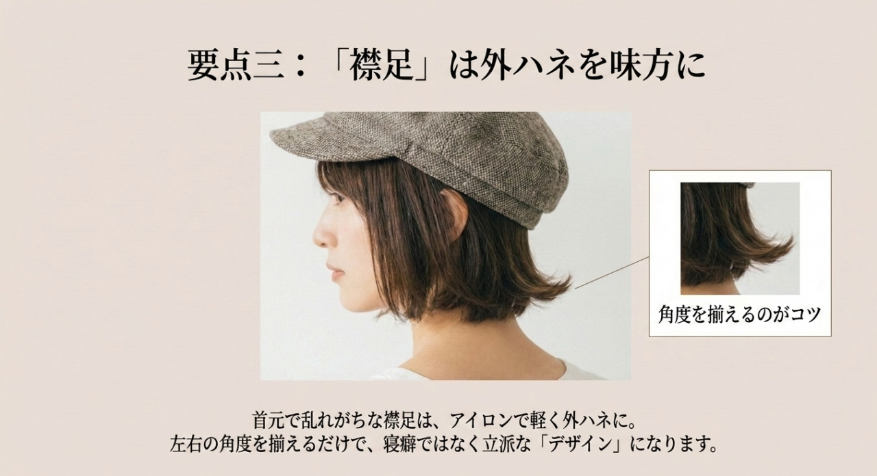 はねる襟足は「外ハネ」に生かす。帽子との摩擦で崩れやすい襟足は、最初からストレートアイロンで「控えめな外ハネ」にしておくのが一番簡単です。
