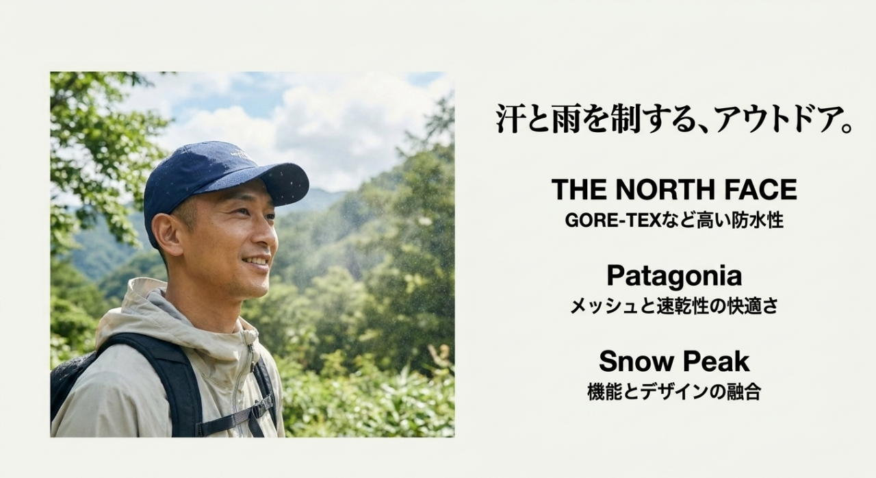 THE NORTH FACE、Patagonia、Snow Peakを防水性・速乾性・通気性などの機能から比較した図