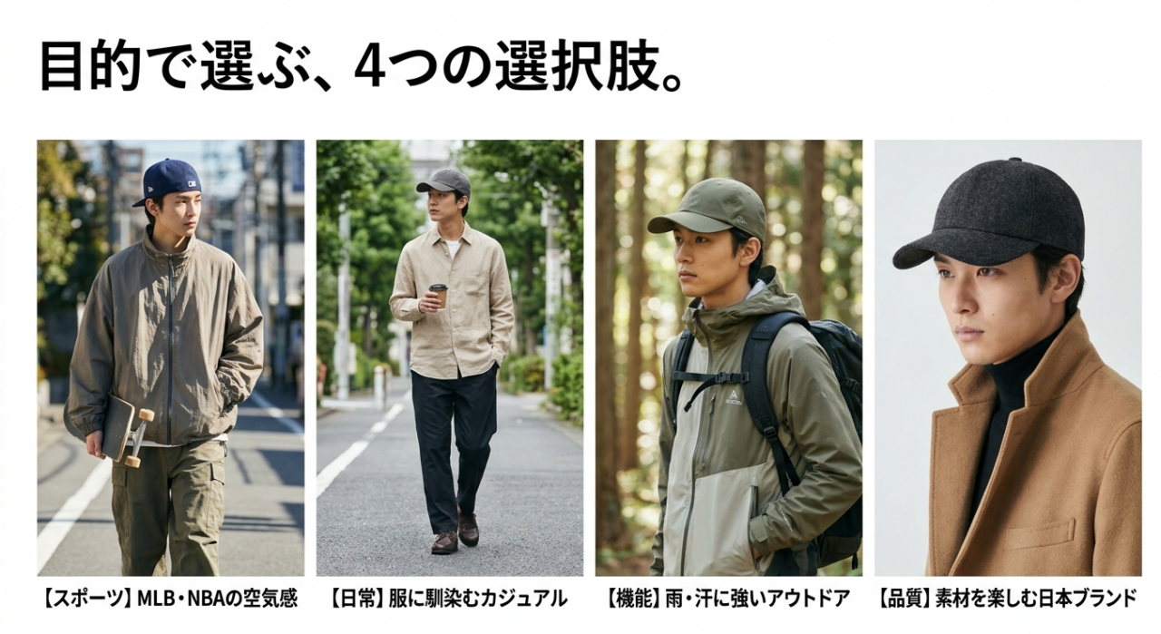 ニューエラ以外のキャップをスポーツ・日常・機能・品質の4つの目的から選ぶ比較図