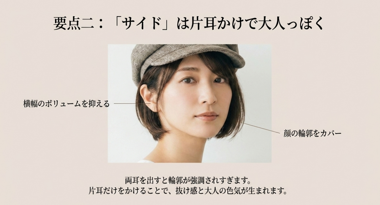 大人の色気は「片耳かけ」で。片耳だけを出すアシンメトリーなシルエットで横幅のボリュームを抑えつつ、小顔効果が生まれます