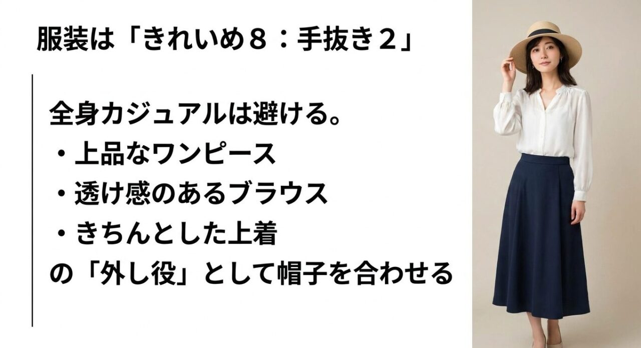 上品なワンピースやブラウスのハズシ役としてキャップを合わせるきれいめカジュアルコーデ