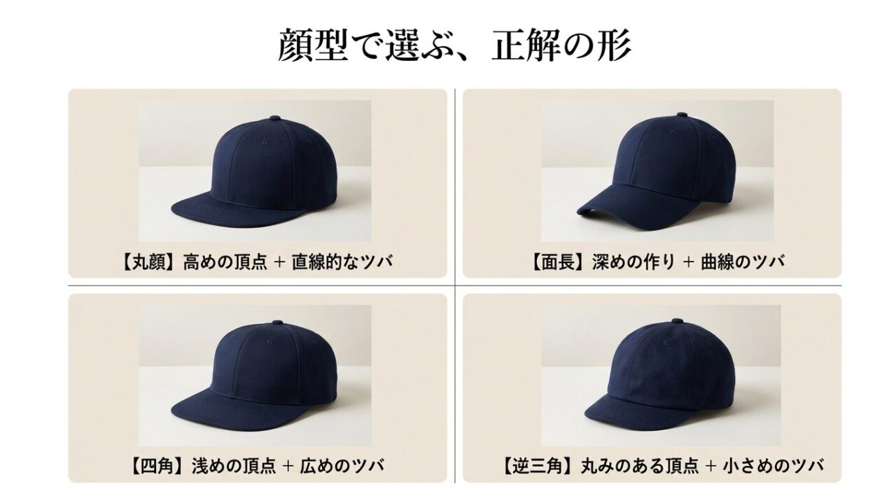 丸顔、面長、四角、逆三角形など顔型別の正解のキャップ形状一覧