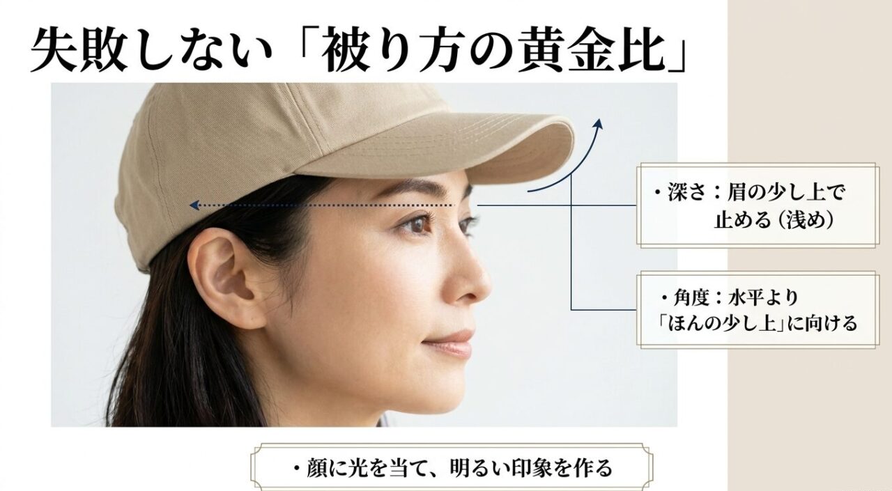 キャップを眉の少し上で浅めに止め、ツバを水平より少し上に向けるかぶり方の黄金比