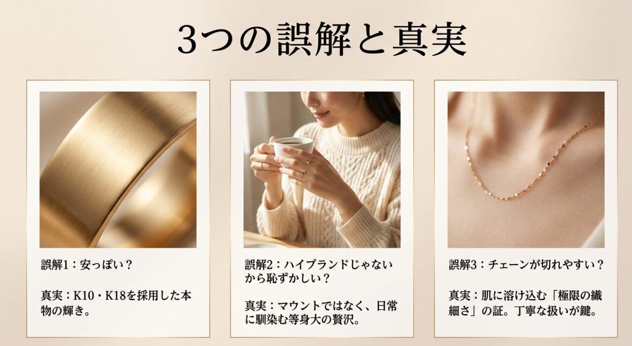 安っぽい、ハイブランドじゃないから恥ずかしい、チェーンが切れやすいという3つの誤解と、その真実をまとめた解説スライド
