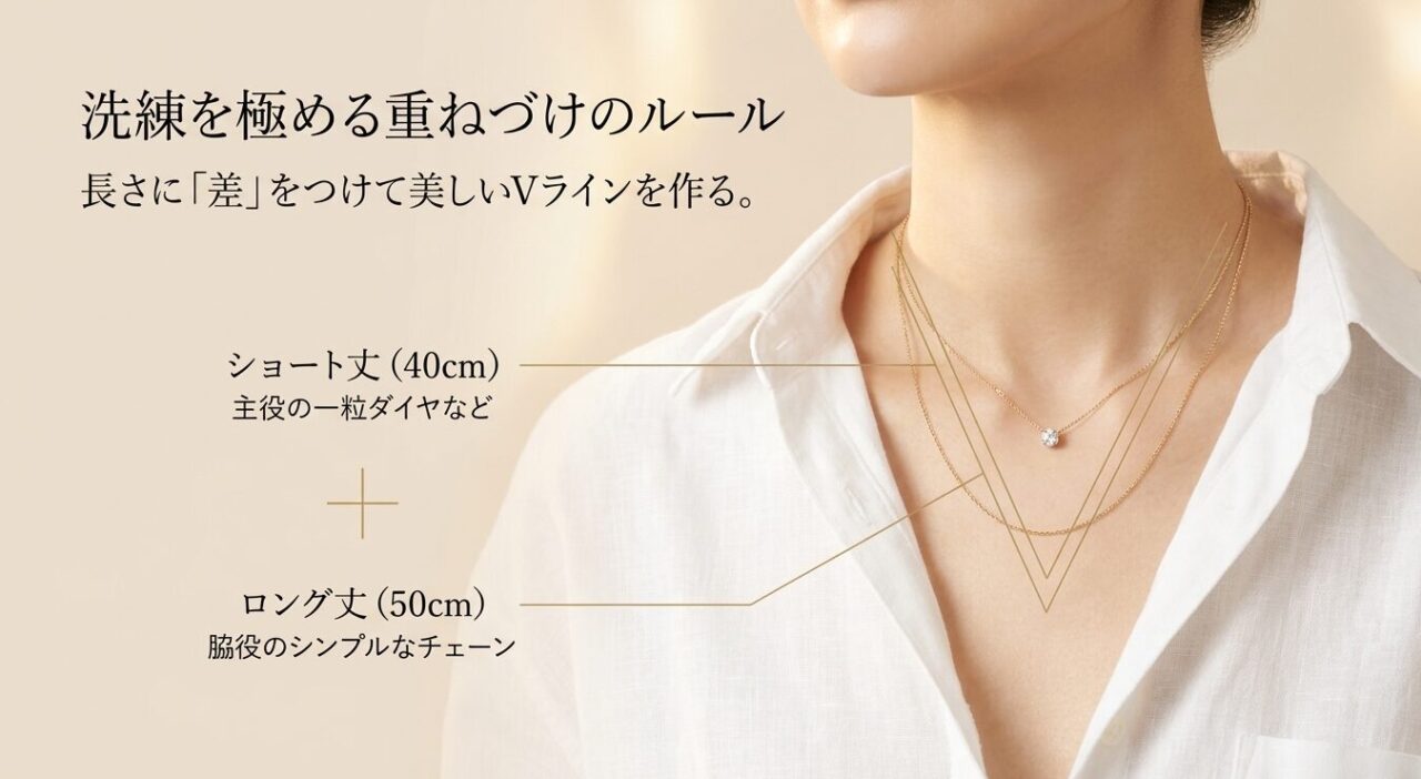 40cmのショート丈と50cmのロング丈を組み合わせて長さに差をつけ、美しいVラインを作る重ねづけのルール