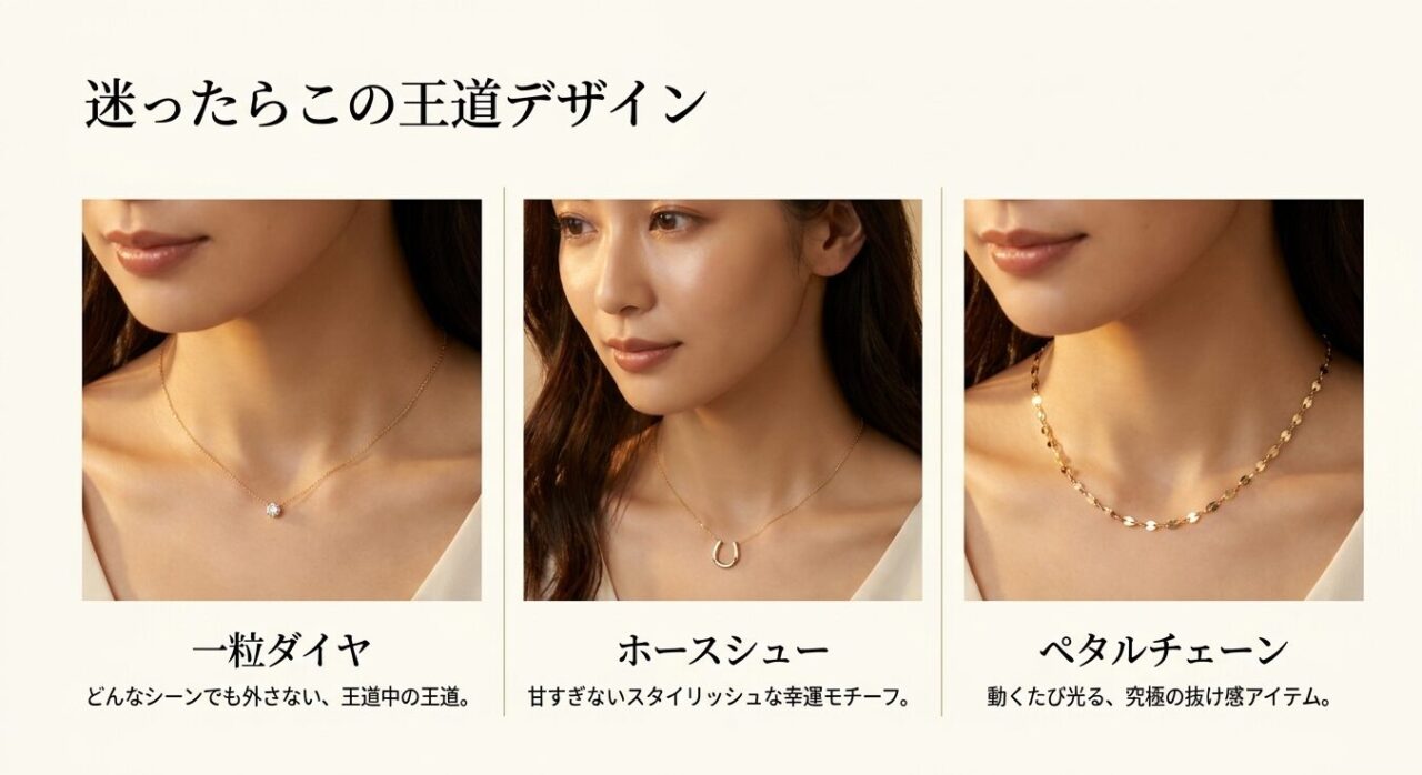 一粒ダイヤ、ホースシュー、ペタルチェーンの3つの王道デザインとその特徴を解説した着用画像