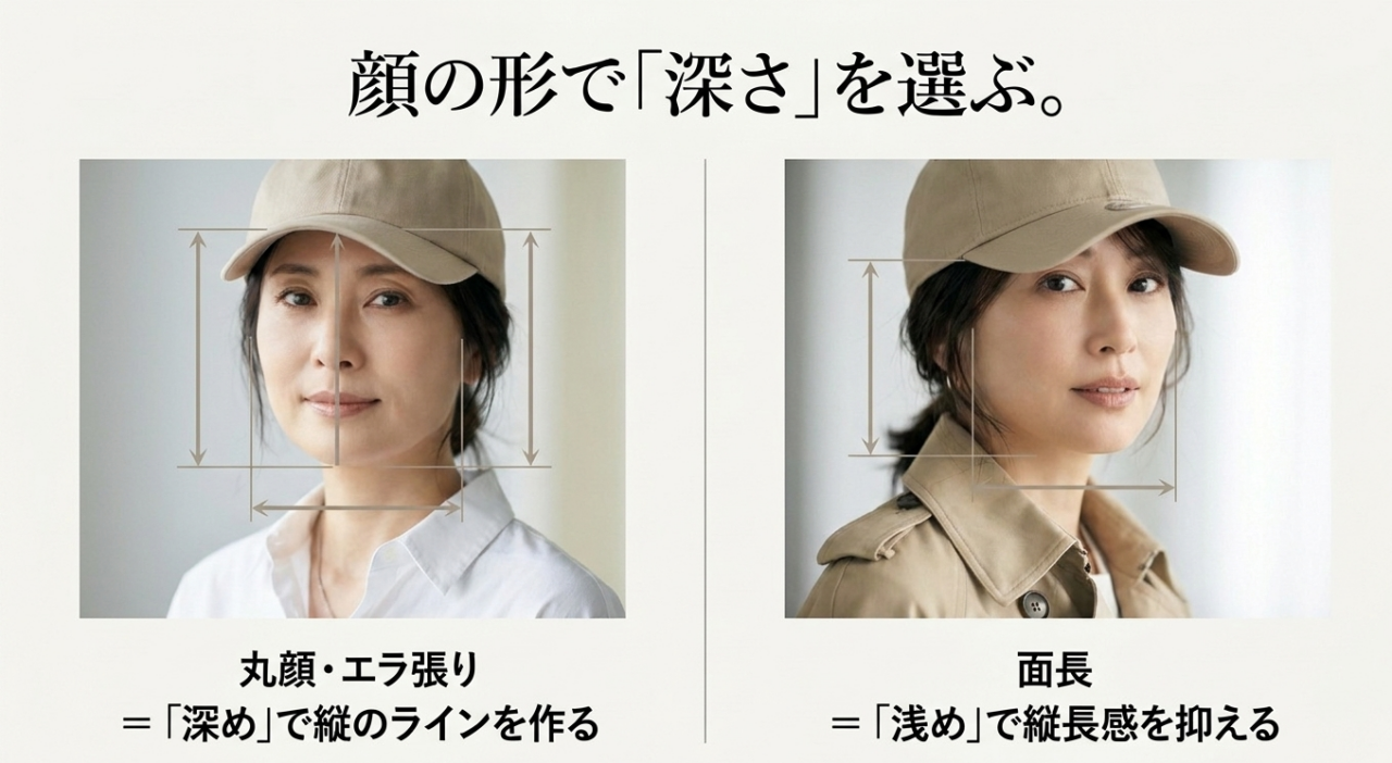 顔の形で深さを選ぶ。丸顔・エラ張りは深めで縦ラインを作り、面長は浅めで縦長感を抑える