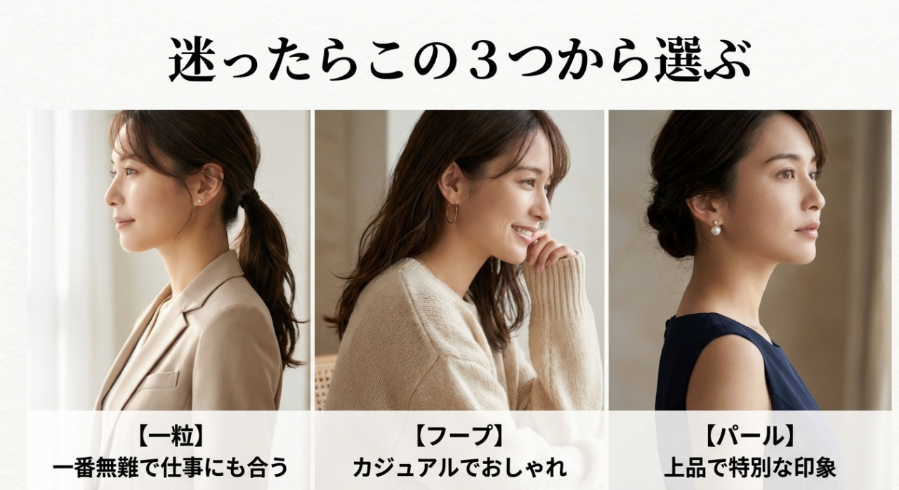 一粒ピアスは仕事向き、フープはカジュアル、パールは上品という特徴を比較した画像