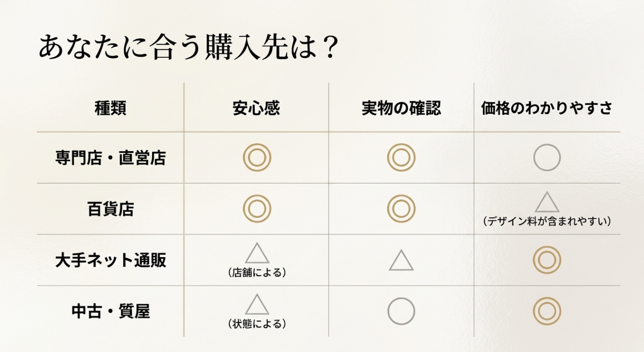 専門店や直営店、百貨店、大手ネット通販、中古や質屋の特徴を比較