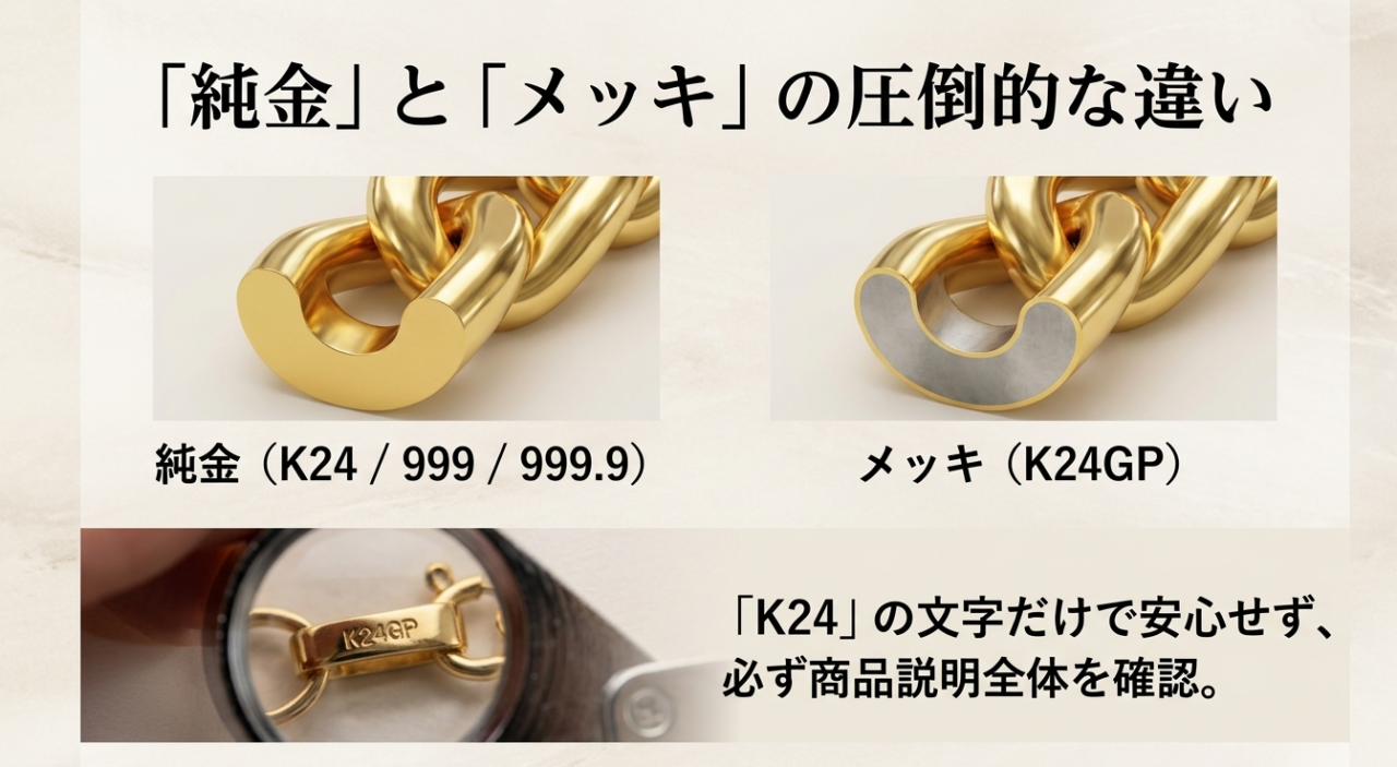 K24や999などの純金とK24GPの金メッキの構造と表示の違い