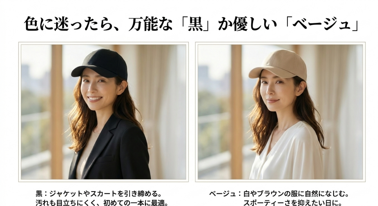 黒いキャップとジャケットを合わせた女性、ベージュのキャップと白い服を合わせた女性を比較し、それぞれの色が与える印象とコーディネートの違いを紹介する画像