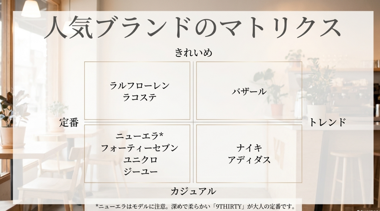 ニューエラ、フォーティーセブン、バザール、ナイキ、アディダス、ラルフローレンなどのキャップブランドを、定番とトレンド、きれいめとカジュアルの軸で比較した図解