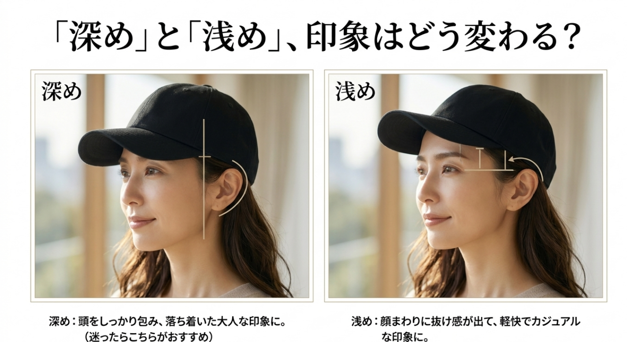 黒いキャップを深めに被った女性と浅めに被った女性を横並びで比較し、顔まわりの印象や被り方の違いを解説した画像