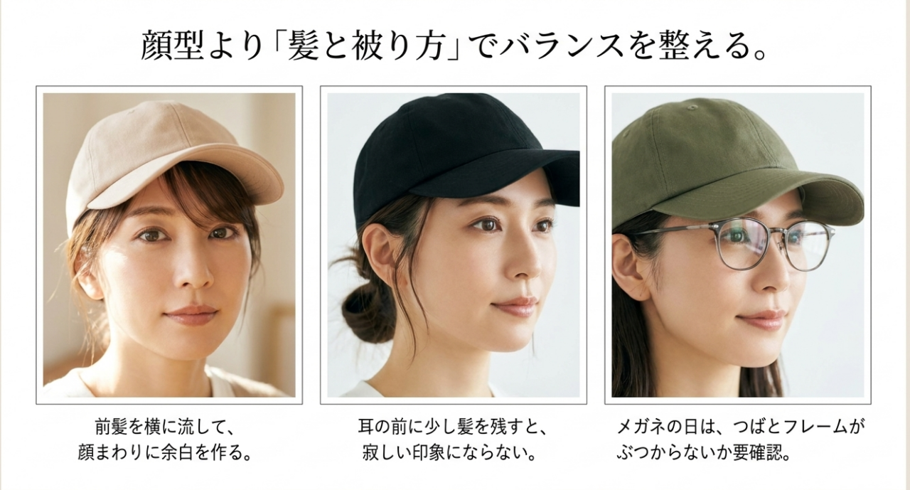 ベージュのキャップで前髪を横に流す女性、黒いキャップで髪をまとめた女性、カーキのキャップにメガネを合わせた女性の3つの着用例