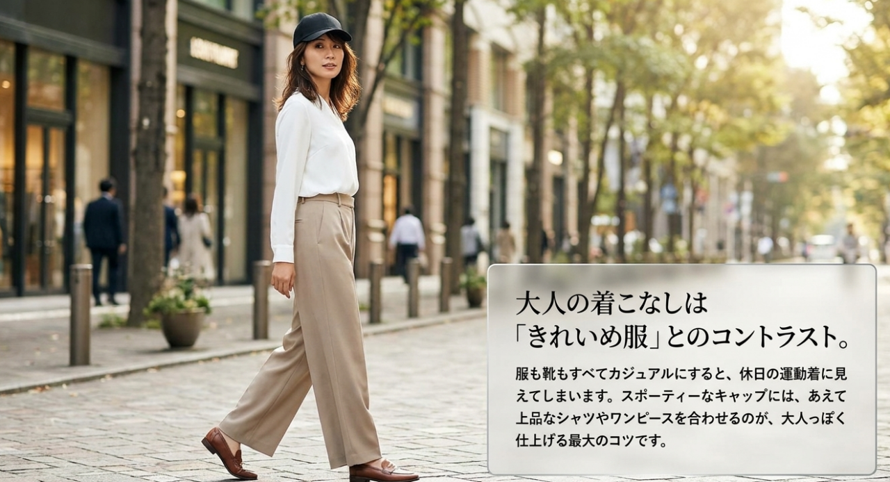 黒いキャップに白シャツ、ベージュのワイドパンツ、ブラウンの靴を合わせた女性のきれいめカジュアルコーディネート