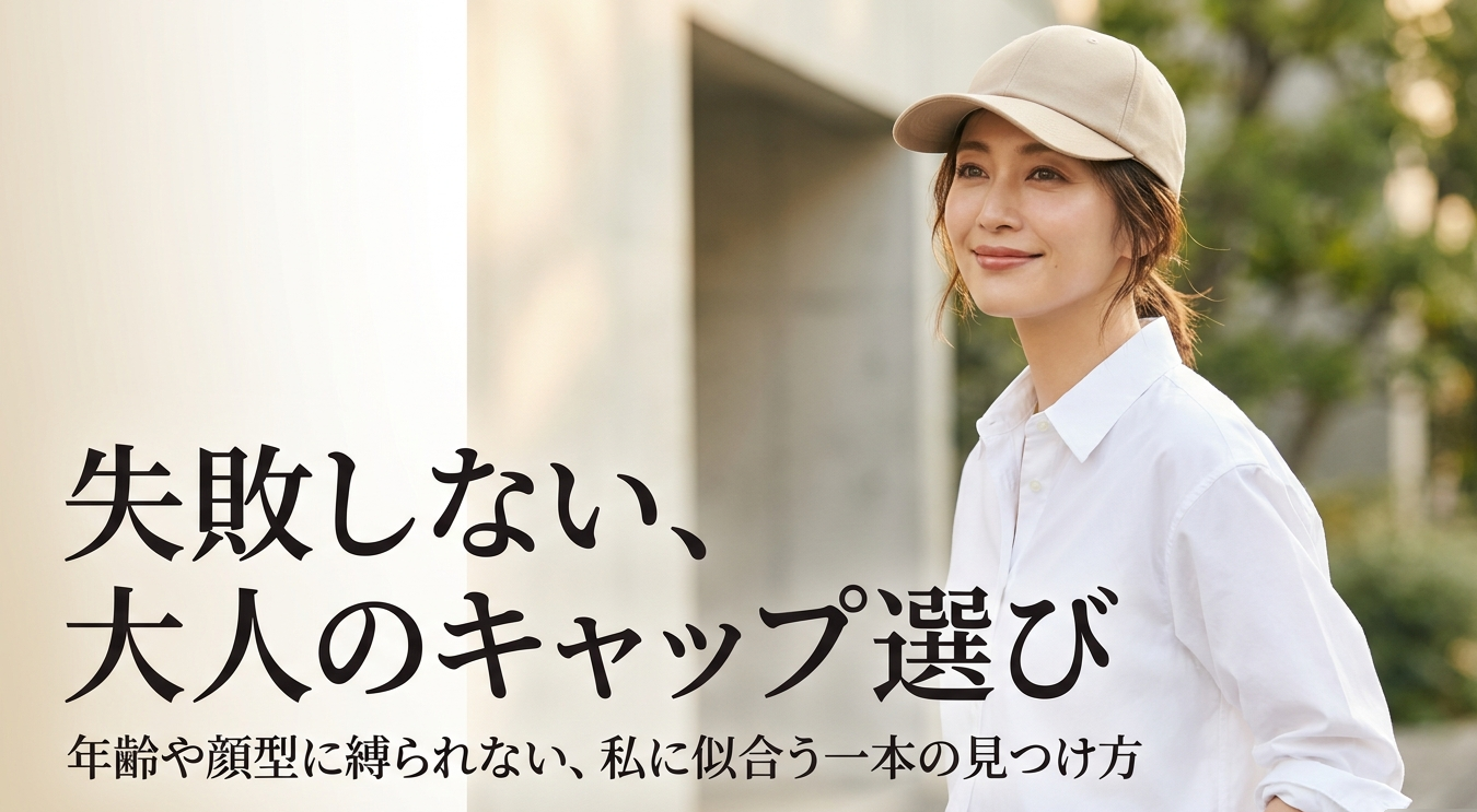 ベージュのキャップと白シャツを合わせた女性を背景に、年齢や顔型に縛られない大人のキャップ選びを紹介するスライド
