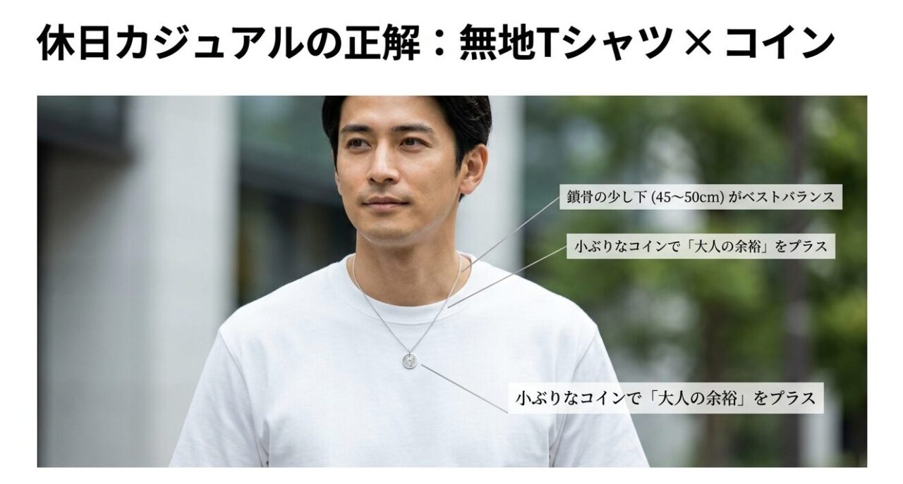 白の無地Tシャツにライオンハートの小ぶりなコインネックレス（長さ45〜50cm）を合わせた大人の休日カジュアルコーディネート例