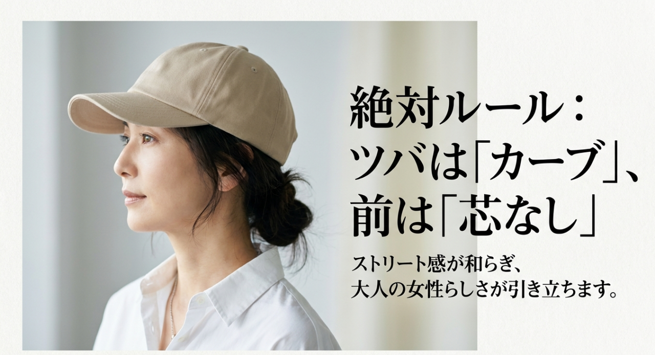 ニューエラ選びの絶対ルールはツバはカーブ、前は芯なし。ストリート感が和らぎ大人の女性らしさが引き立ちます