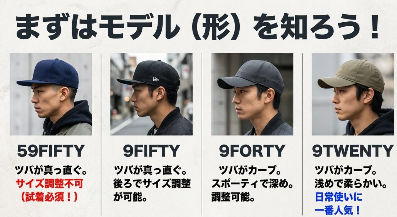 59FIFTY、9FIFTY、9FORTY、9TWENTYの形やサイズ調整の特徴を比較した図