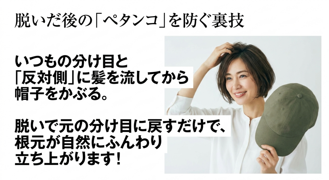 脱いだ後の「ペタンコ」を防ぐ裏技。いつもの分け目と「反対側」に髪を流してから帽子をかぶり、脱いで元の分け目に戻すだけで根元が自然にふんわり立ち上がります