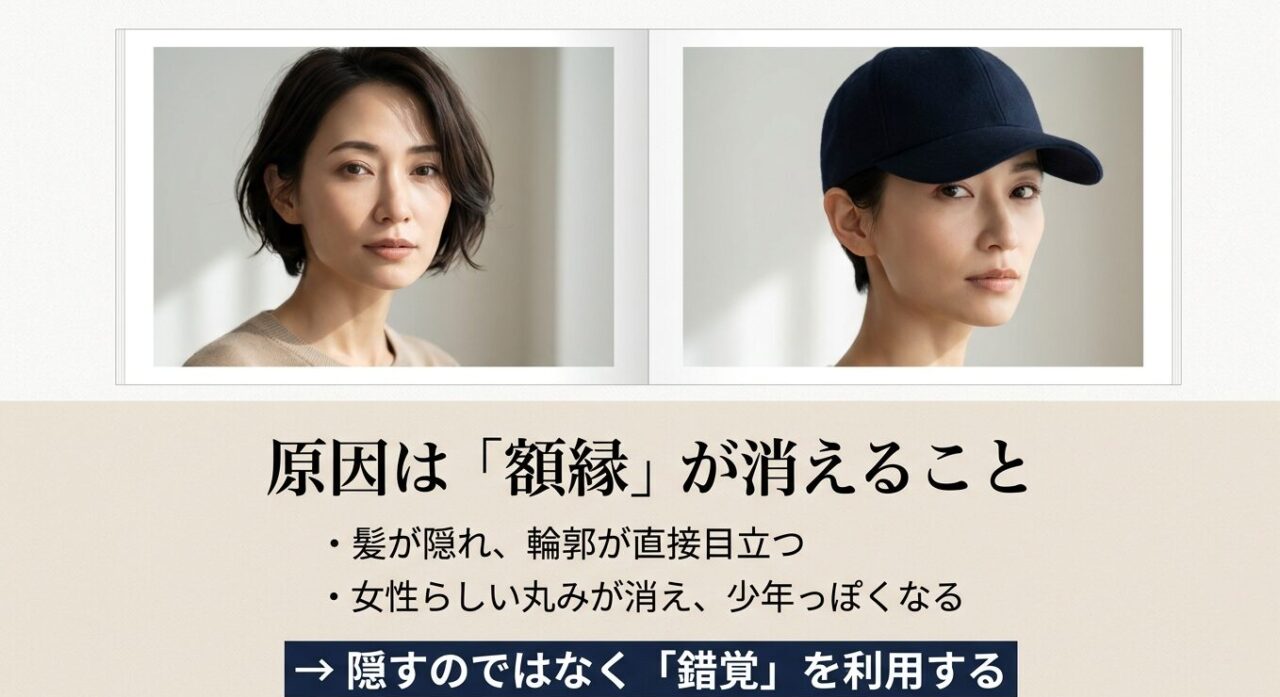 ショートヘアは顔まわりの髪が隠れて顔の輪郭が直接目立つという原因の解説