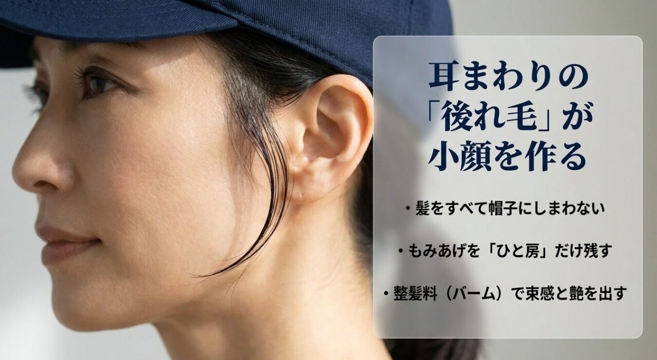 耳まわりの後れ毛を残してバームで束感を出す小顔効果スタイリング