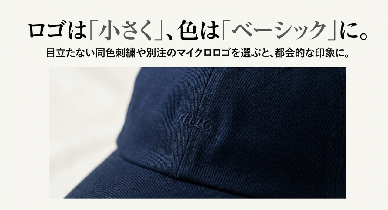 ロゴは小さく、色はベーシックに。目立たない同色刺繍や別注マイクロロゴで都会的な印象に